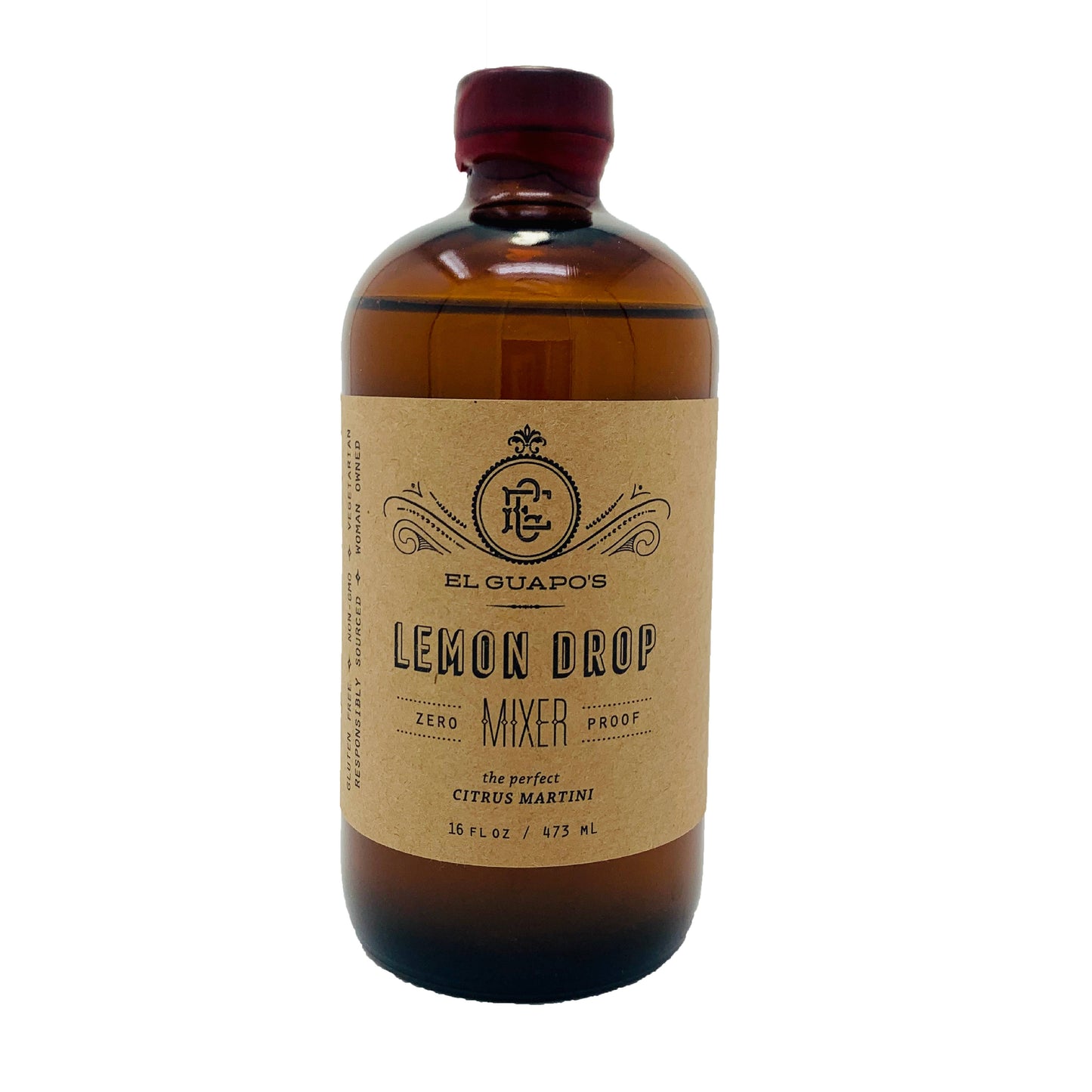 Brown bottle of El Guapo's Lemon Drop Mixer on a white background