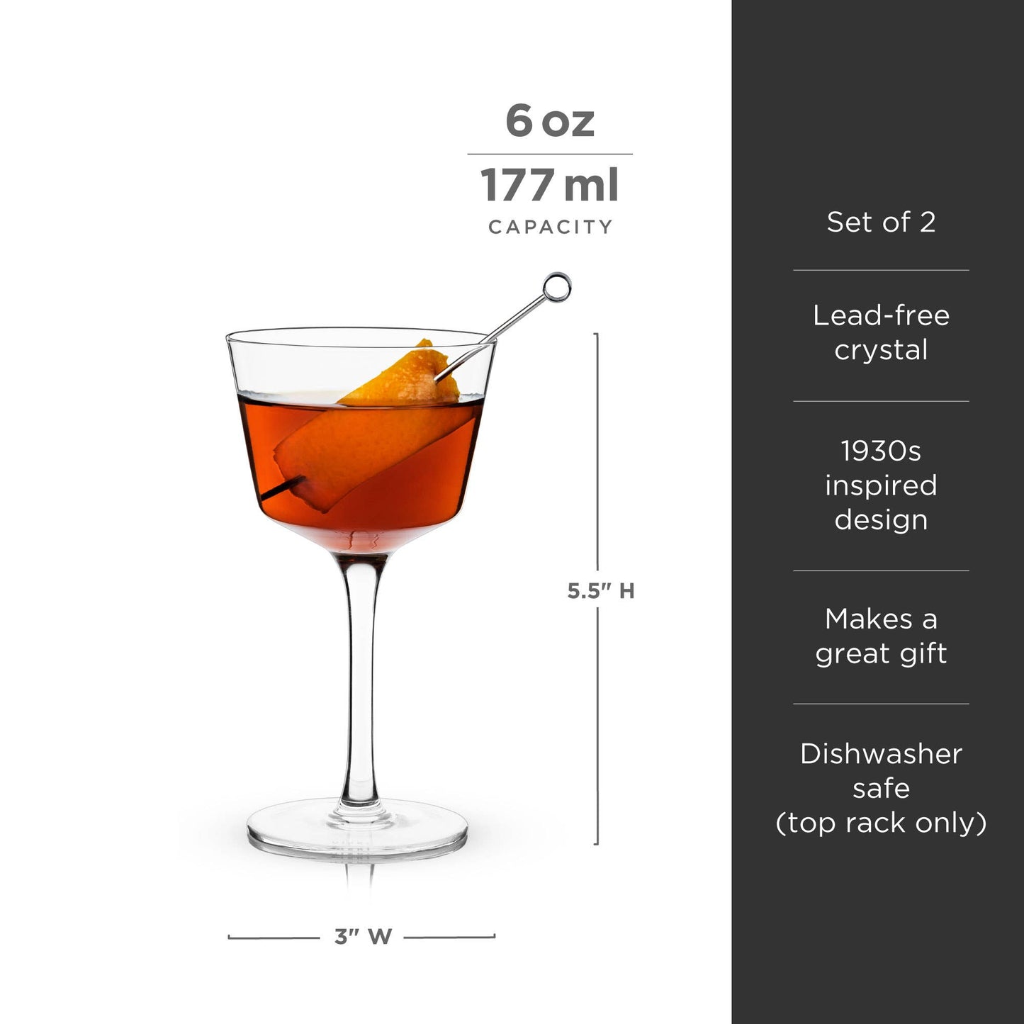 Raye™ Angled Crystal Nick & Nora Glasses: Set of 2