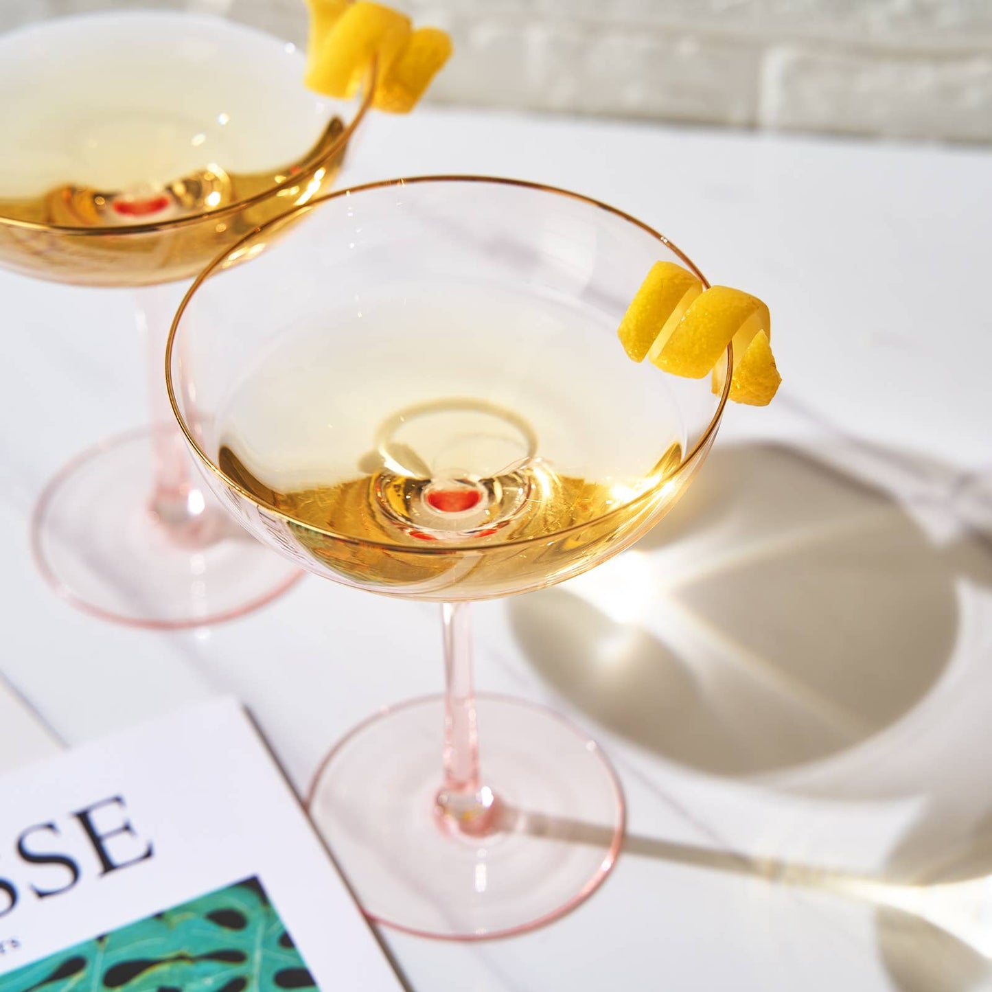 Gorgeous Gilded Pink Rim Coupe - 2 Martini/Cocktail Glasses