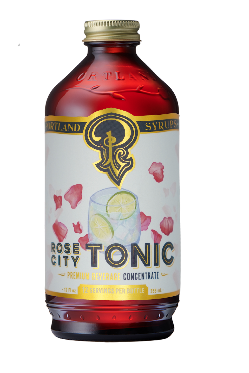 Bottle of Rose City Tonic with a white label featuring a logo and text.