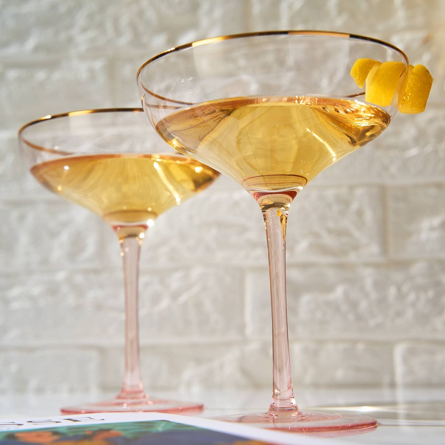 Gorgeous Gilded Pink Rim Coupe - 2 Martini/Cocktail Glasses