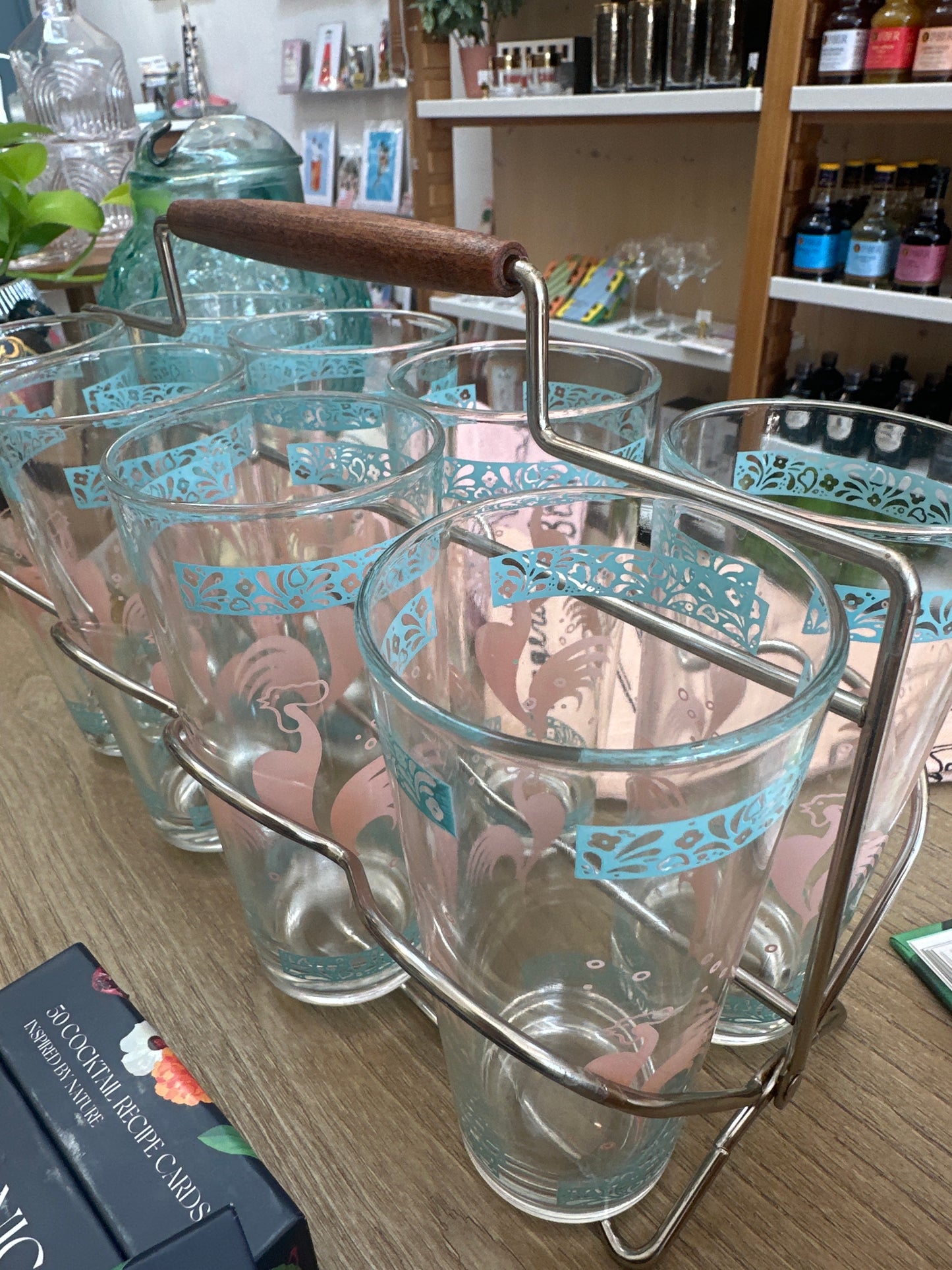 Vintage Hazel Atlas pink Rooster 50’s glasses and caddy