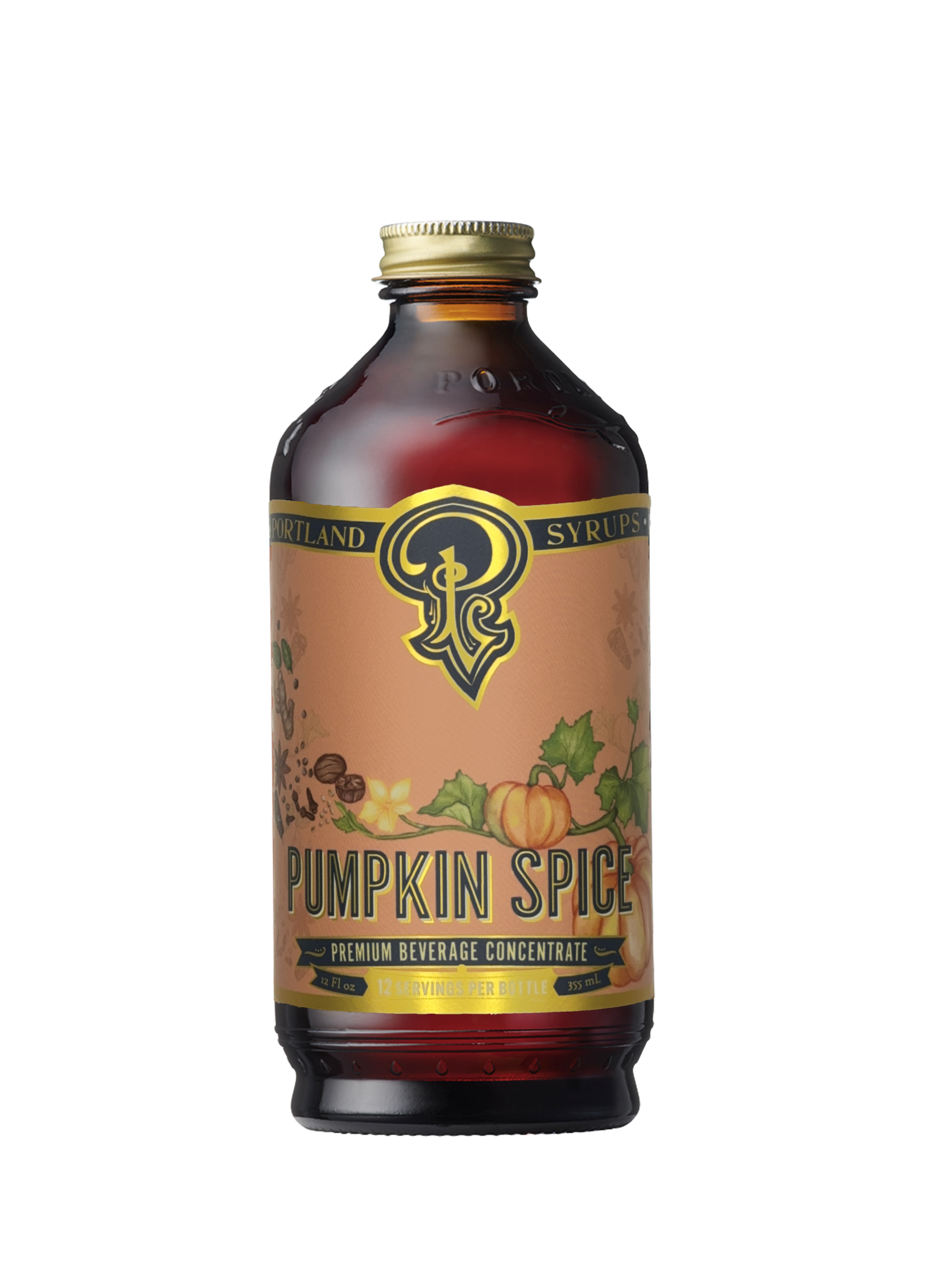A bottle of Pumpkin Spice Syrup with a label depicting pumpkins and autumn-themed decorations.