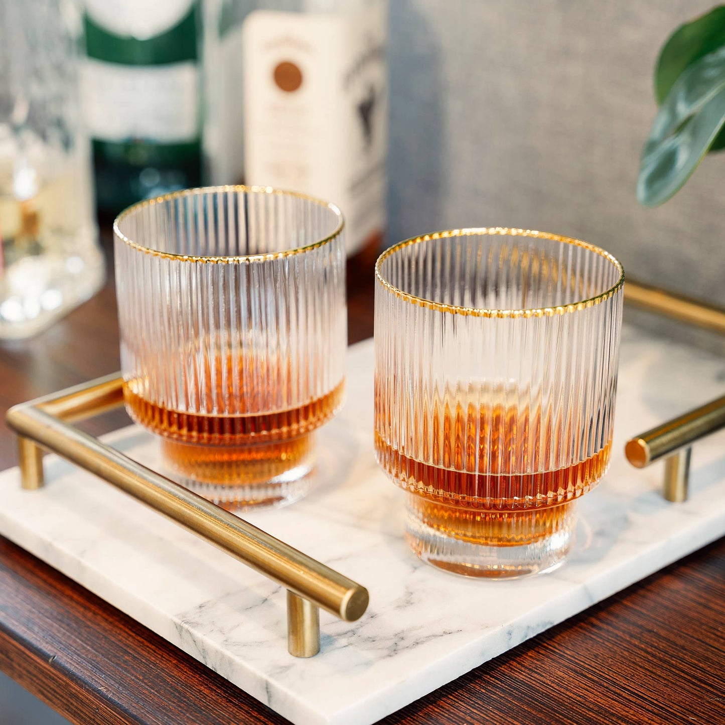 Deco Meridian Gold-Rimmed Crystal Tumblers: Set of 2