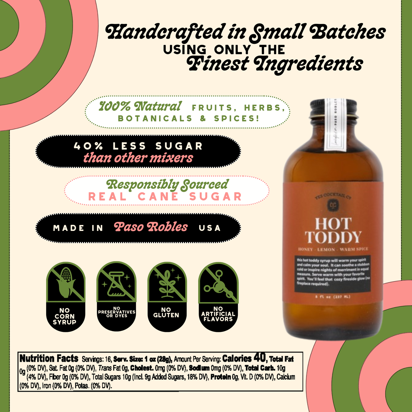 Hot Toddy bottle with branding and product information on a colorful background