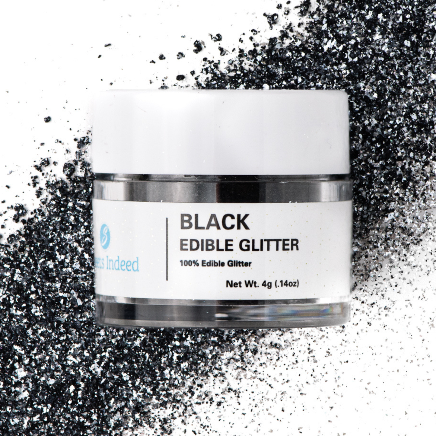 Jar of black edible glitter with a white label on a glittery background