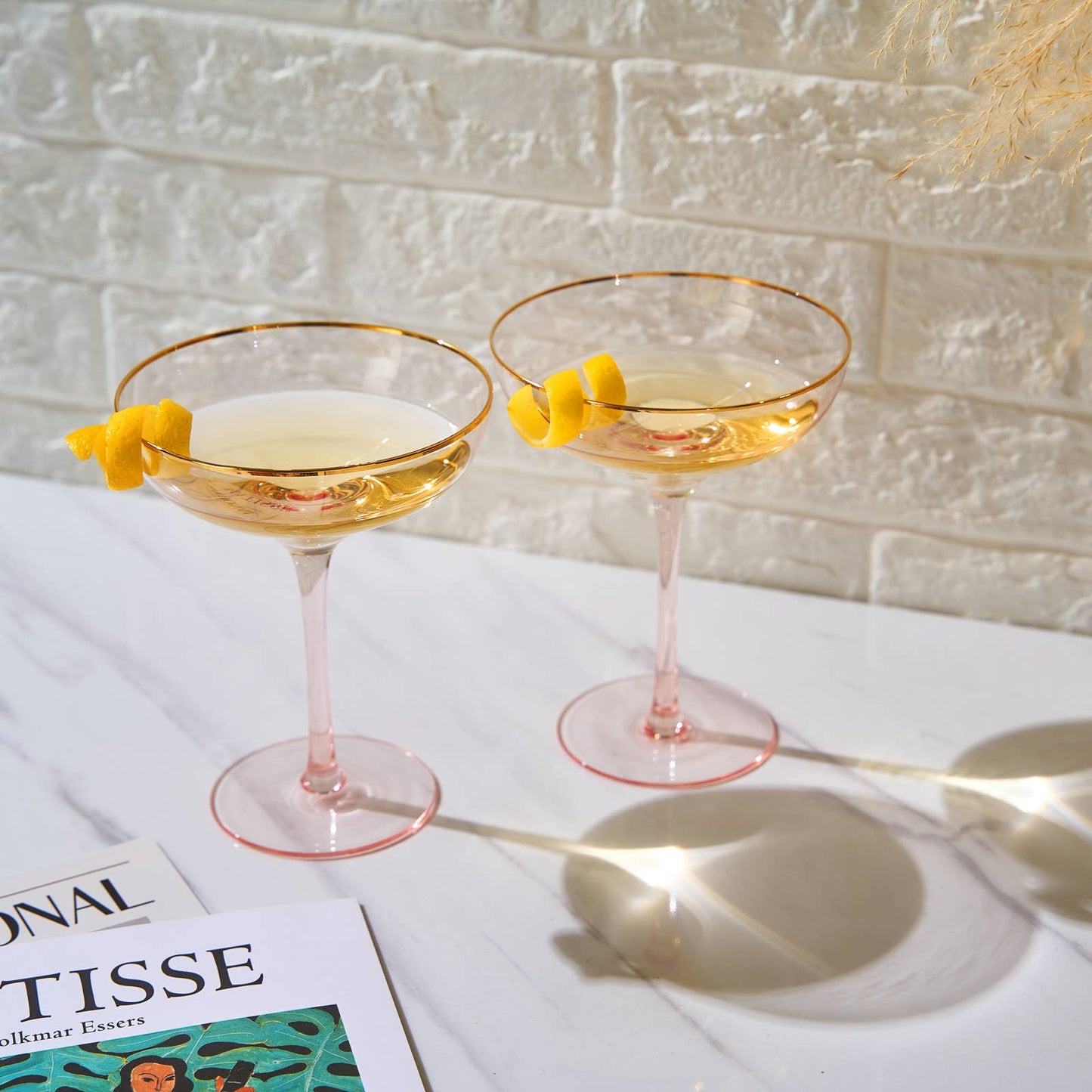 Gorgeous Gilded Pink Rim Coupe - 2 Martini/Cocktail Glasses