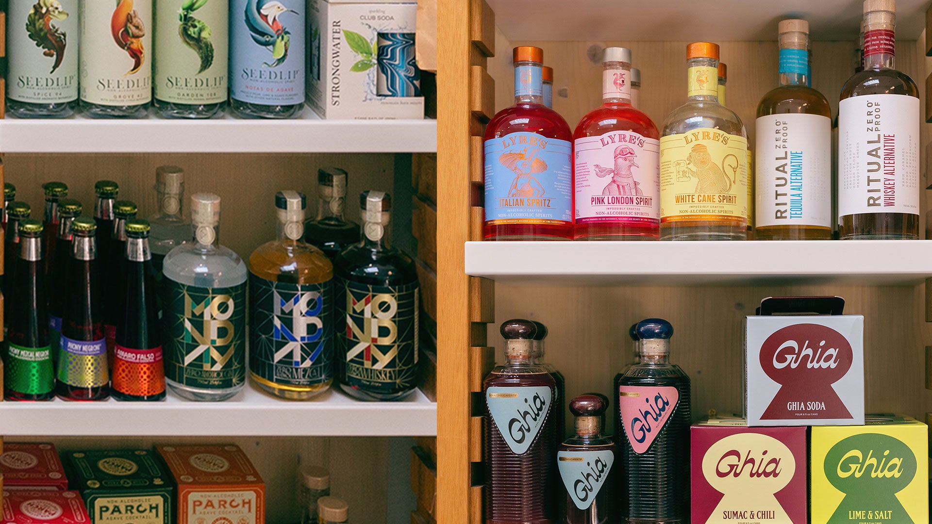 Bottles of Alcohol Alternatives on shelves.