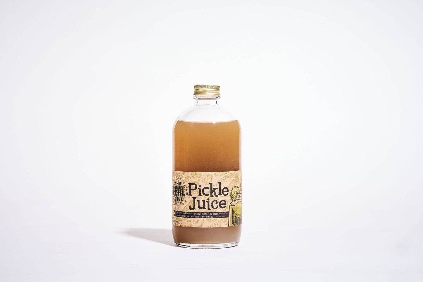 Bottle of pickle juice with a label on a white background