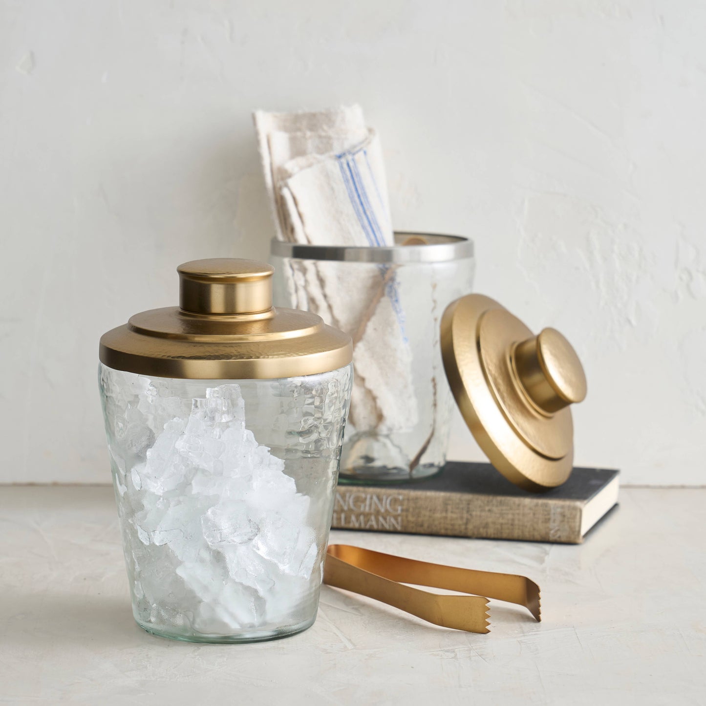Pebbled Ice Bucket with Tongs Set
