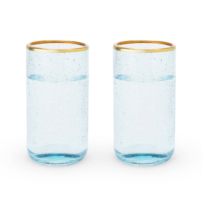 Aqua Bubble Glass Tumblers with Gold-Plated Rims: Set of 2