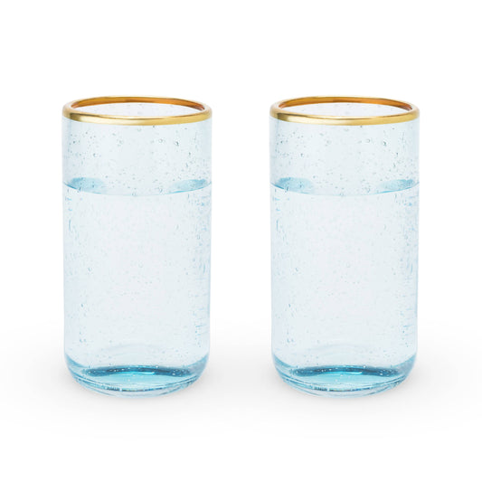 Aqua Bubble Glass Tumblers with Gold-Plated Rims: Set of 2