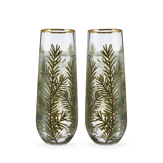 Gold-Rimmed Woodland Stemless Champagne Flutes: Set of 2