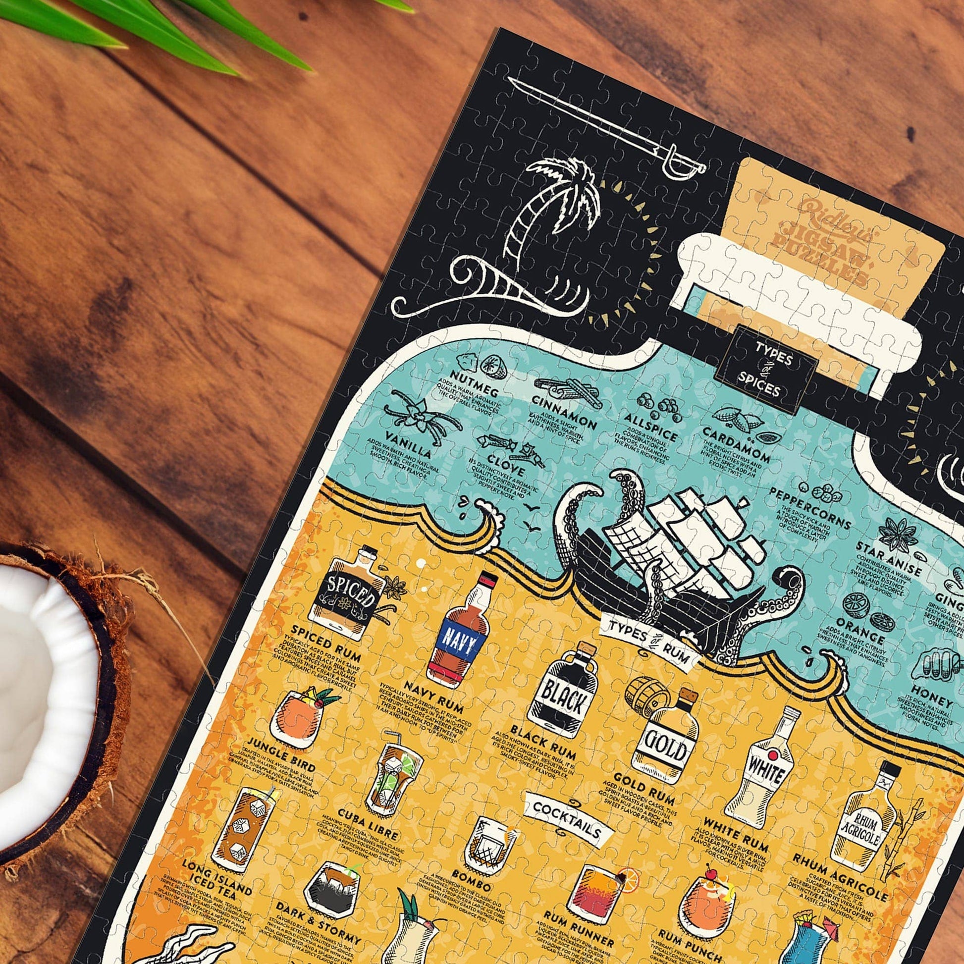 Rum types and spices chart on a wooden surface with a coconut and leaf.
