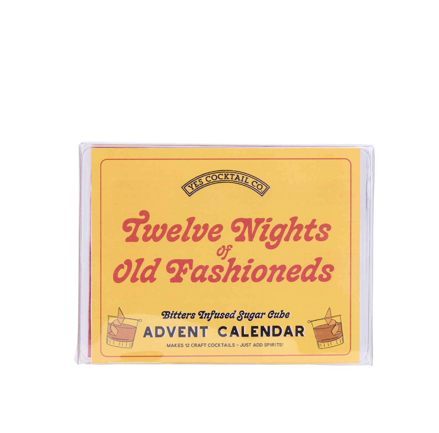Advent calendar for 12 Nights of Old Fashioned cocktail sugar cubes with a yellow and red design on a white background.