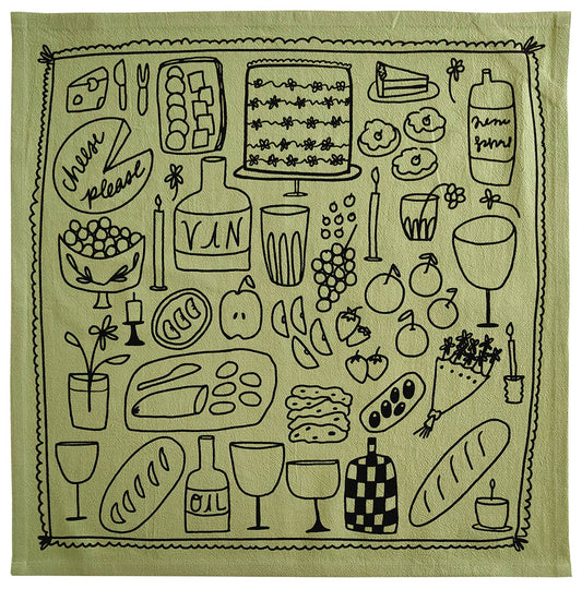 Picnic on Sage Green Tea Towel