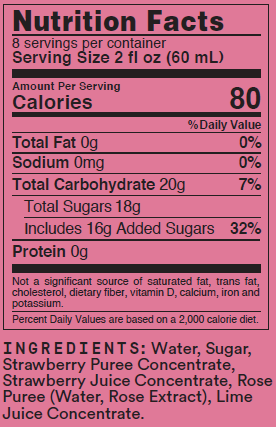 Nutrition label for a product with pink background and black text