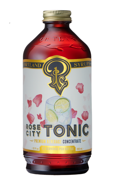 Bottle of Rose City Tonic with a white label featuring a logo and text.