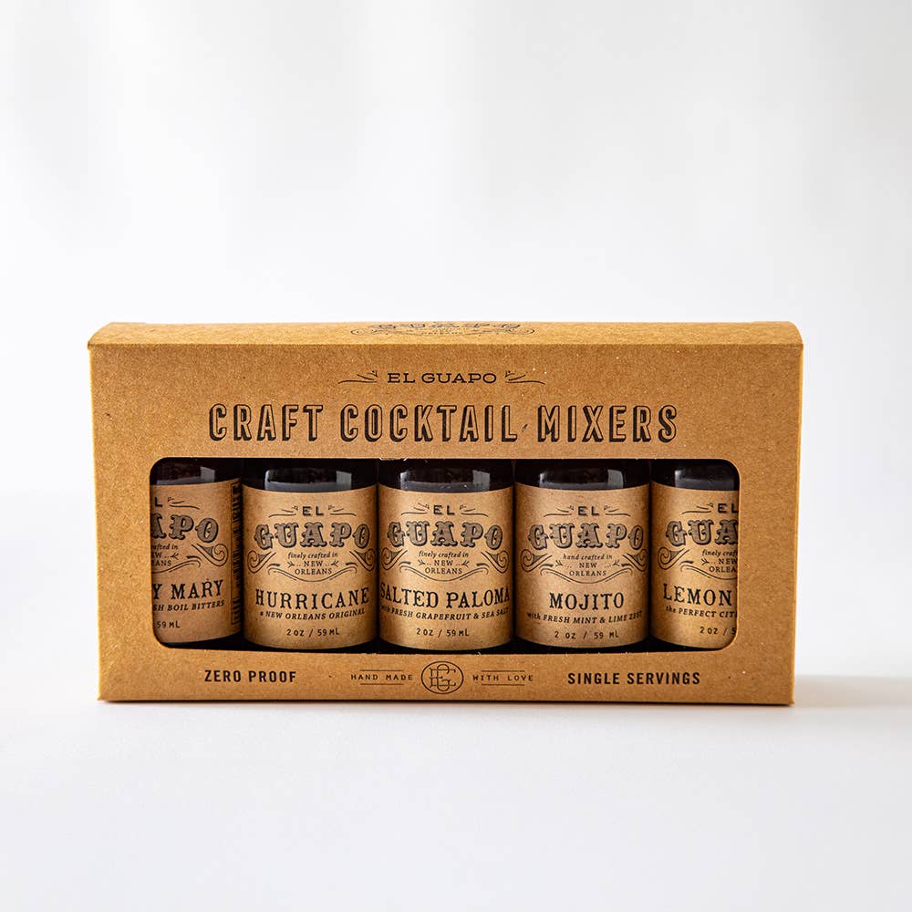 Box of El Guapo craft cocktail mixers on a white background