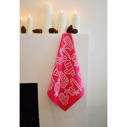 Holiday Stripe on Fuchsia Boho Christmas Tea Towel