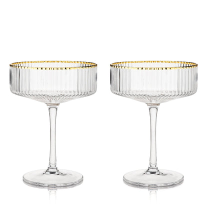 Deco Meridian Gold-Rimmed Crystal Coupe Glasses: Set of 2