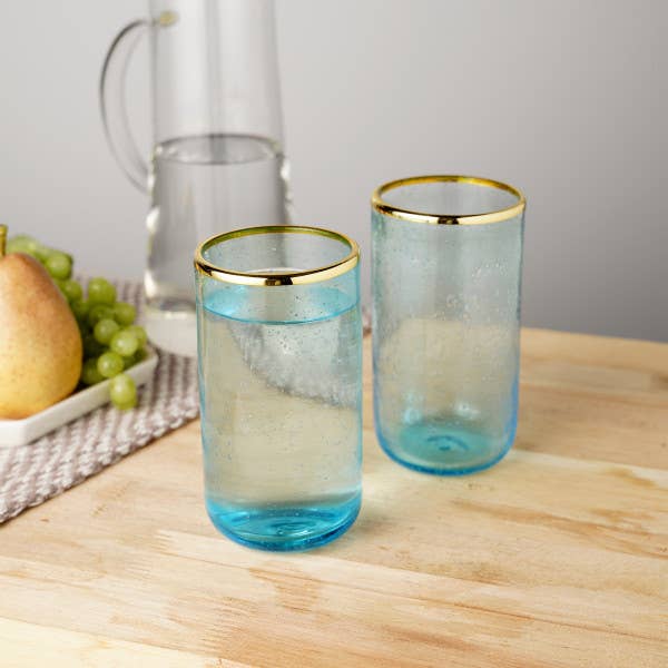 Aqua Bubble Glass Tumblers with Gold-Plated Rims: Set of 2