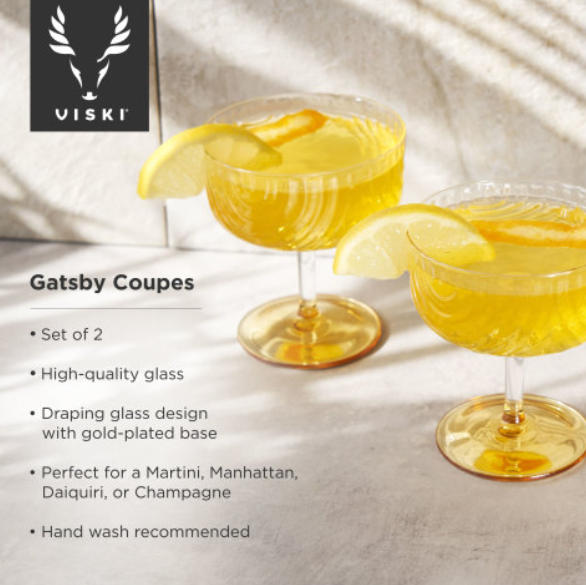 Deco Gatsby Gold-Plated Glass Coupes: Set of 2