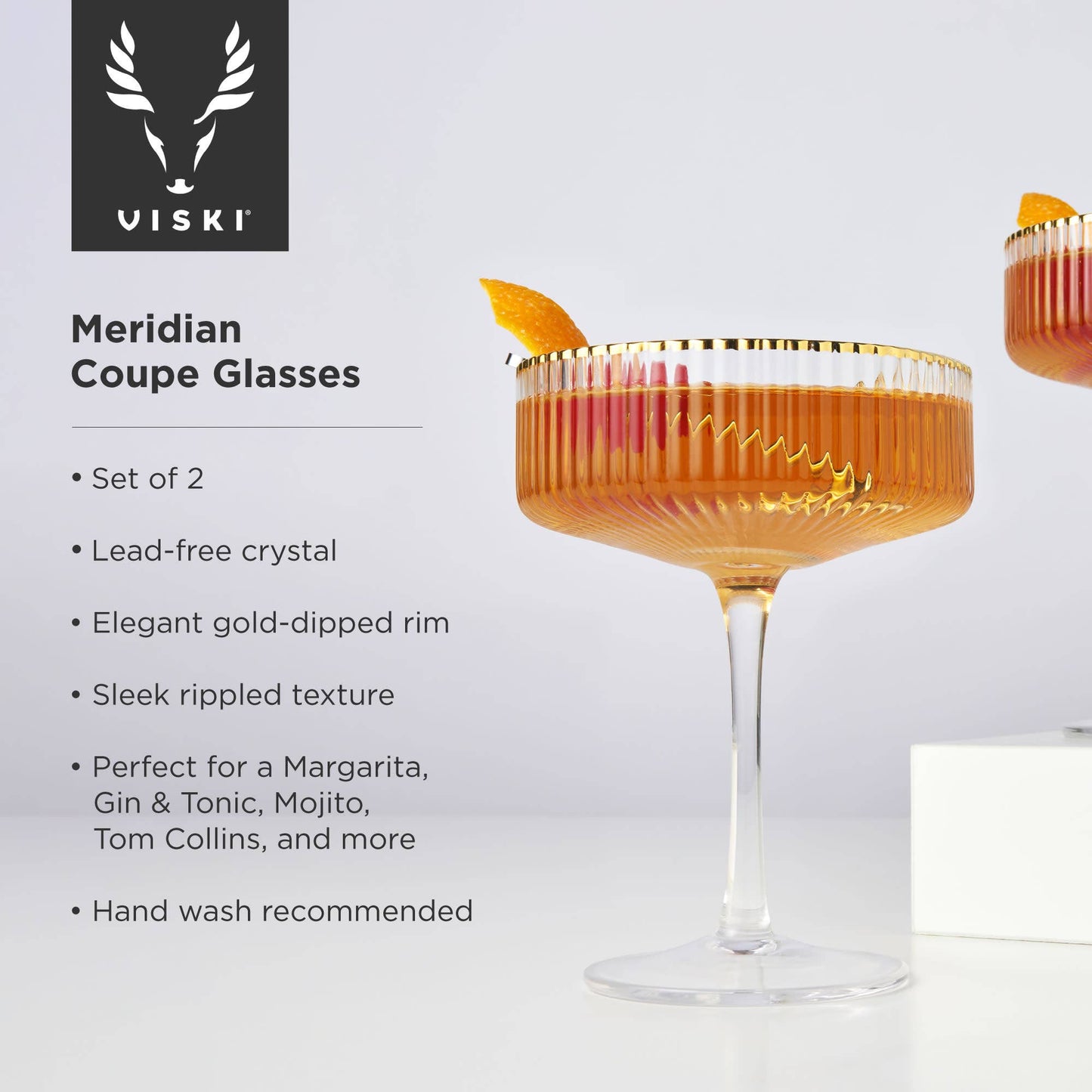 Deco Meridian Gold-Rimmed Crystal Coupe Glasses: Set of 2