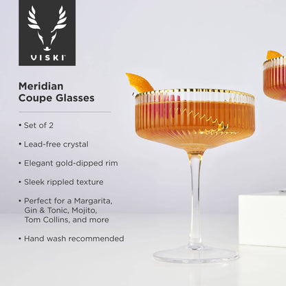 Deco Meridian Gold-Rimmed Crystal Coupe Glasses: Set of 2