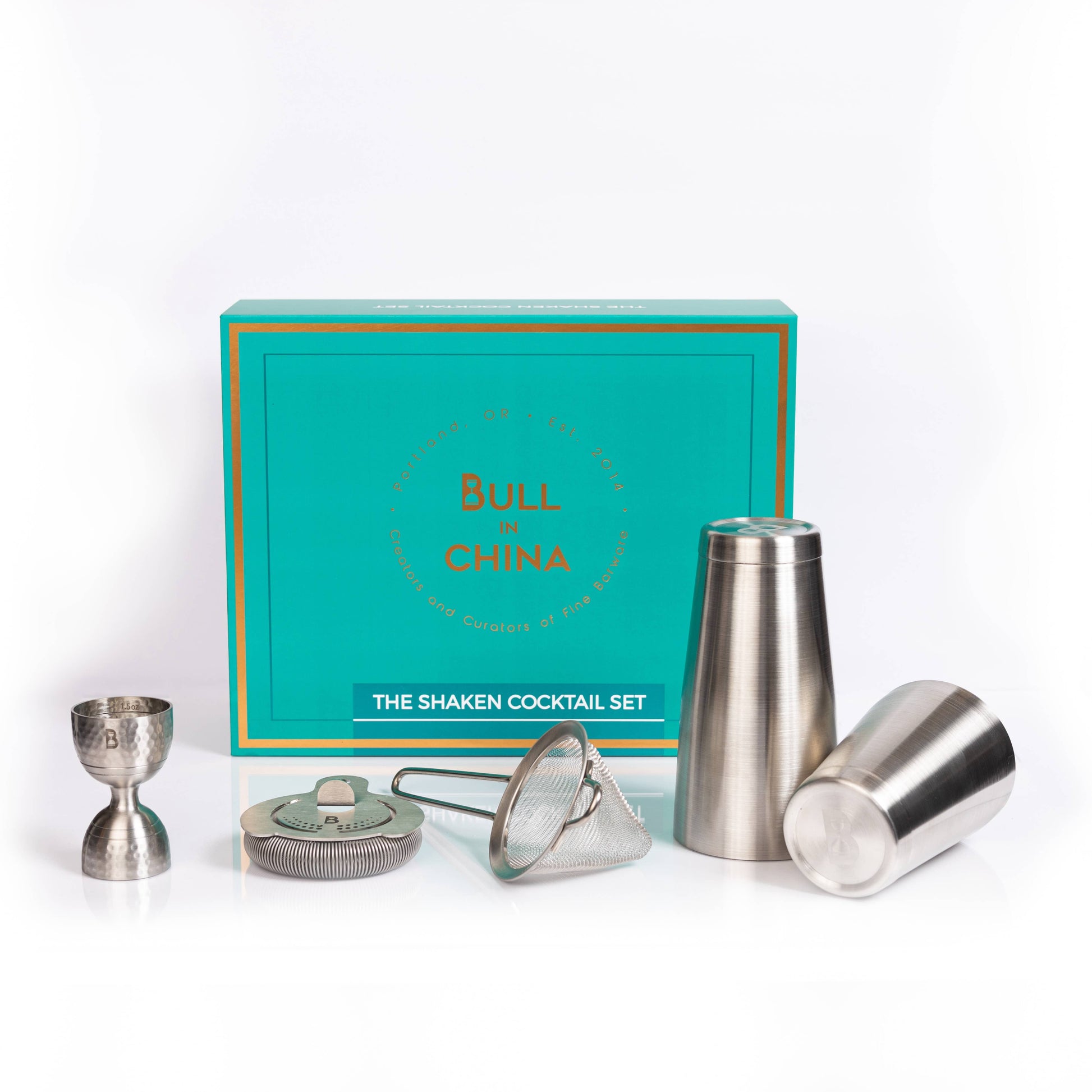 Bull in China cocktail shaker set with turquoise box on a white background