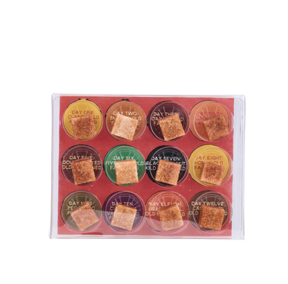 Set of twelve round containers with brown squares on a pink background