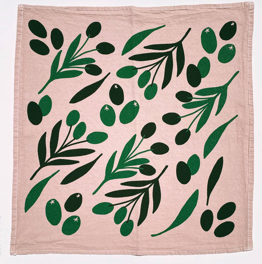 Olive Toss on Camel Tea Towel