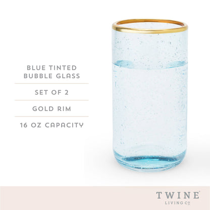 Aqua Bubble Glass Tumblers with Gold-Plated Rims: Set of 2