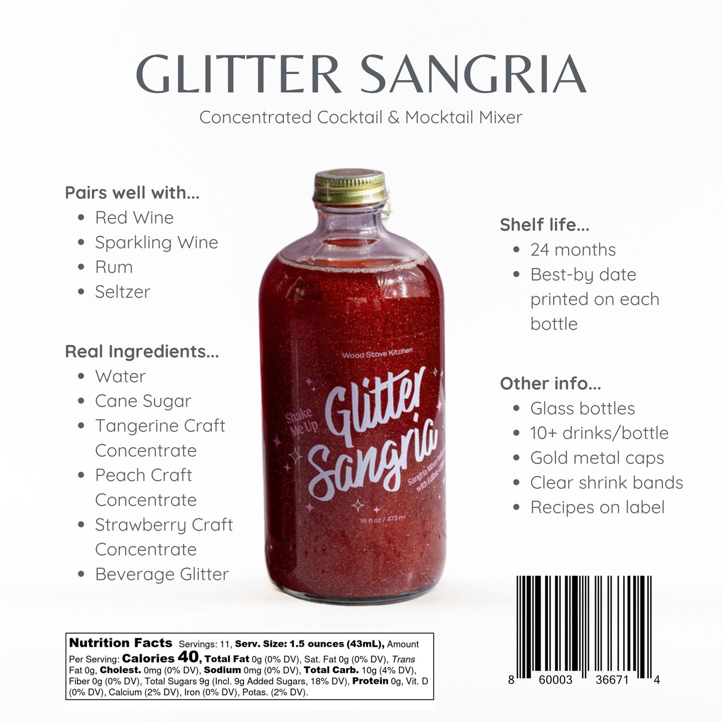 Bottle of Glitter Sangria mixer with product details on a white background