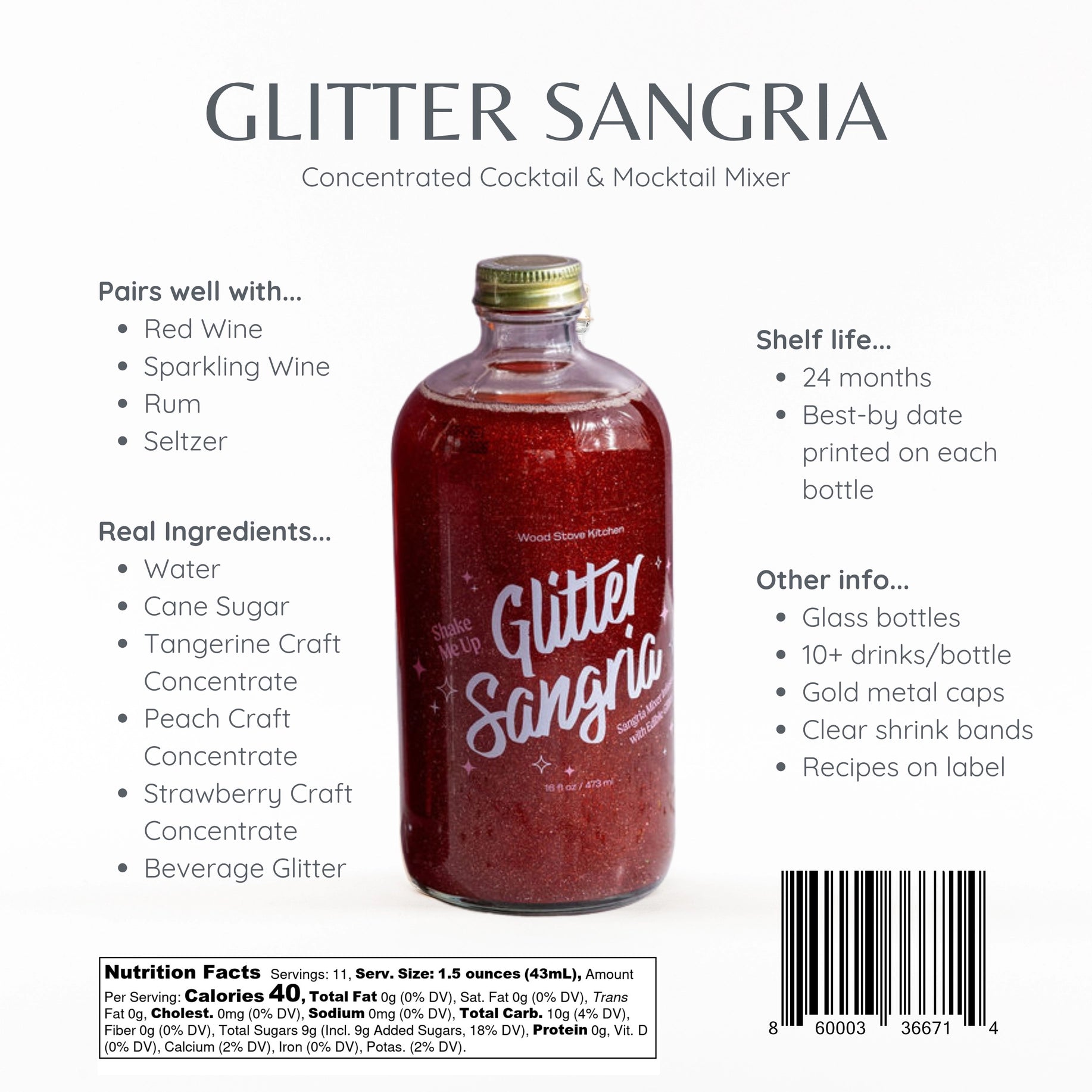 Bottle of Glitter Sangria mixer with product details on a white background