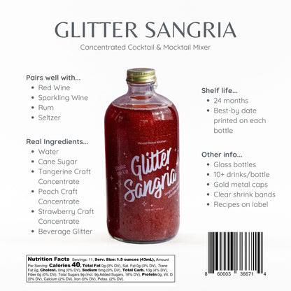 Bottle of Glitter Sangria mixer with product details on a white background
