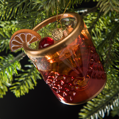 Christmas Tree ornament that looks like an Old Fashioned Cocktail.