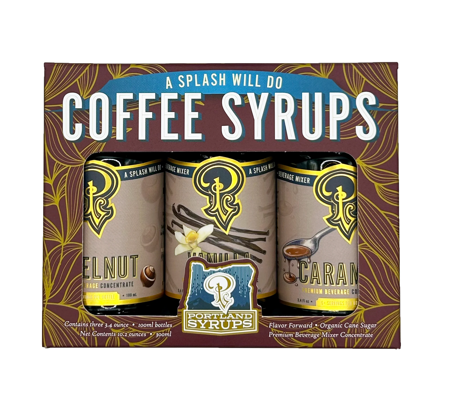 Packaging of Portland Syrups coffee syrups with three bottles displayed.
