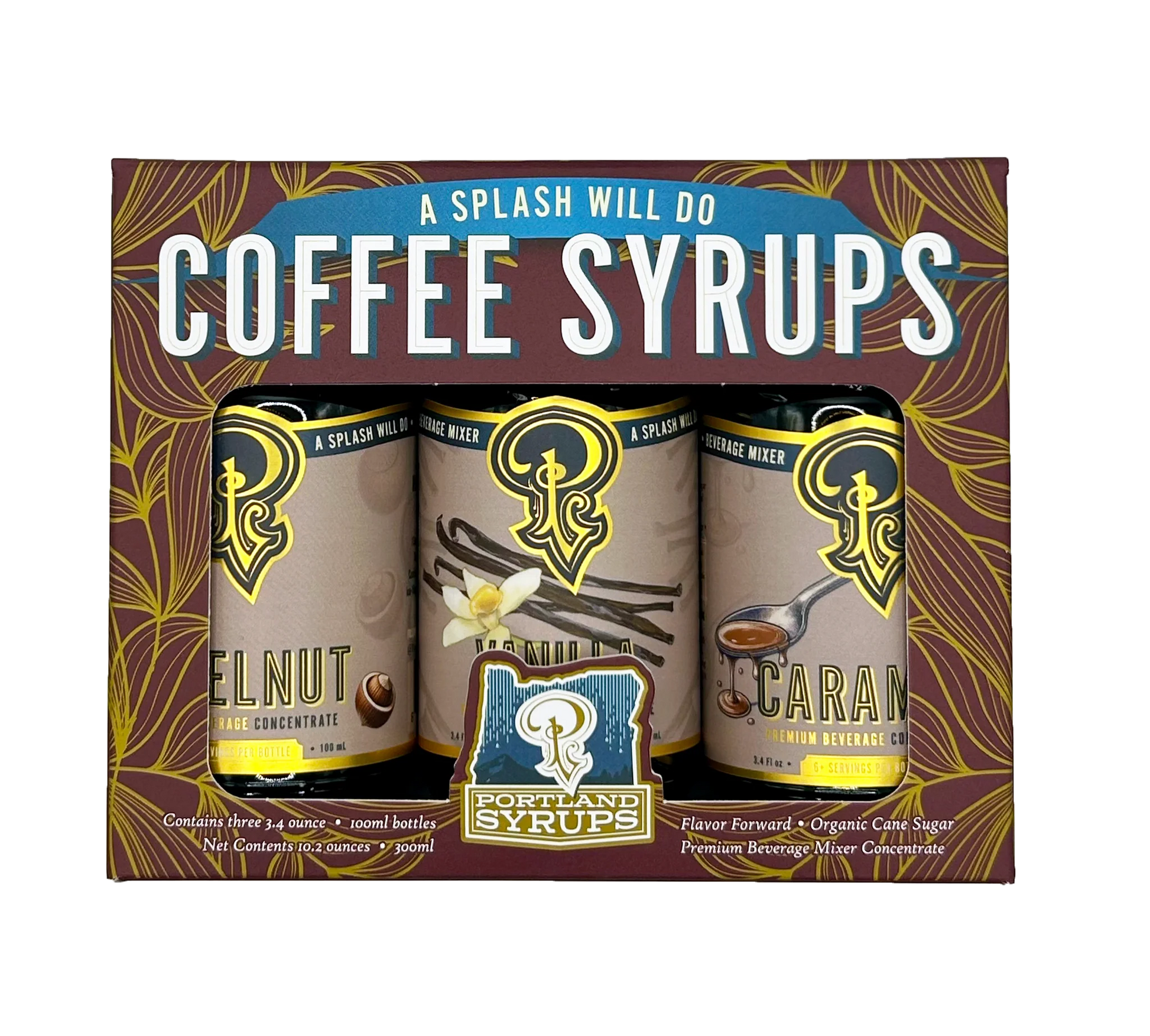 Packaging of Portland Syrups coffee syrups with three bottles displayed.