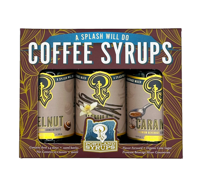 Packaging of Portland Syrups coffee syrups with three bottles displayed.