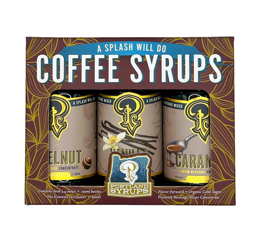 Packaging of Portland Syrups coffee syrups with three bottles displayed.